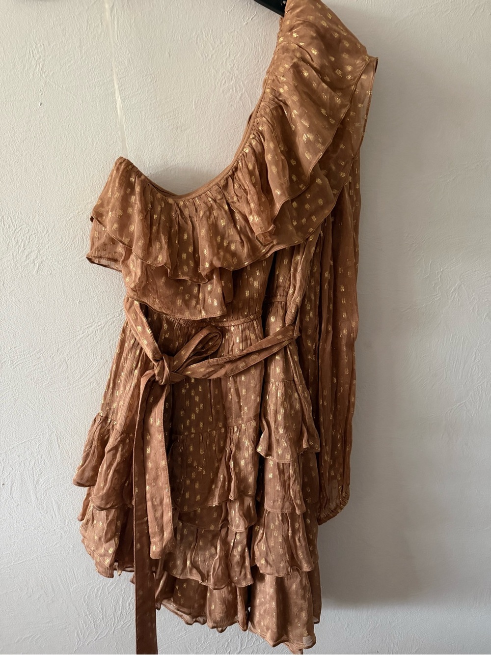 Rococo Sand One-Shoulder Ruffle Mini Dress in Brown with Gold Dot